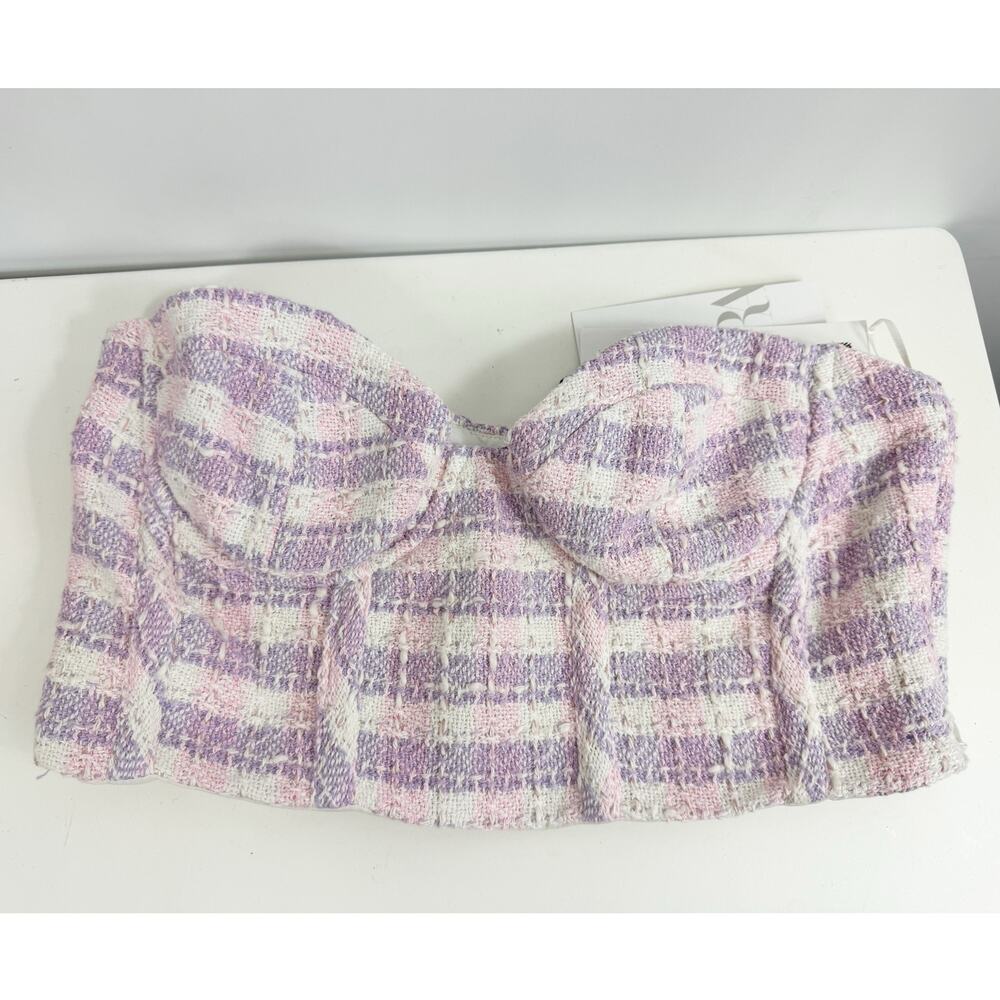 Zara Womens Plaid Tweed Bustier Crop Top Lilac Purple Pink Strapless Small